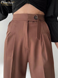 Clacive Casual Loose Brown Straight Pants Ladies Fashion Pleated High Waist Pants Elegant Full Length Summer Trouser For Women