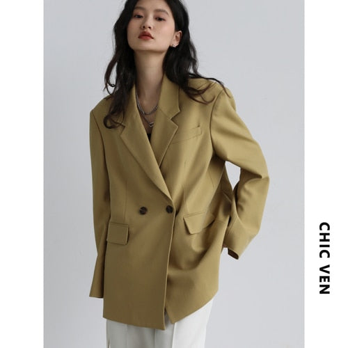 Clacive  New Fashion Women's Blazer Solid Wide Shoulder Suit Coat Women's Overcoat Office Lady Woman Tops Spring Autumn