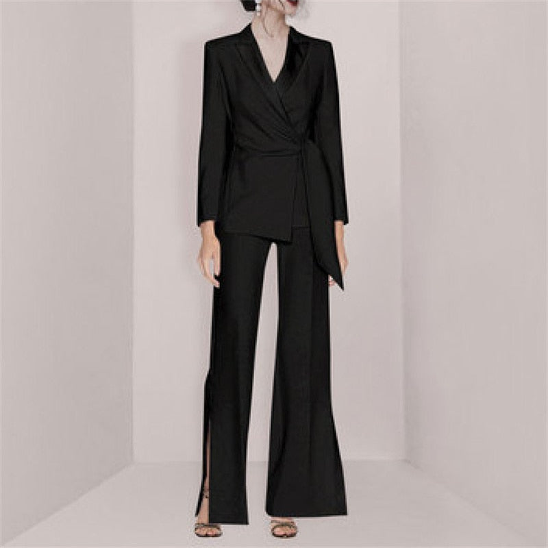 Clacive Blazer Suits Office Lady Two Piece Set Spring Split Wide Leg Pants + Long Sleeve Bandage Coat Jacket OL Formal 2 Piece Outfits