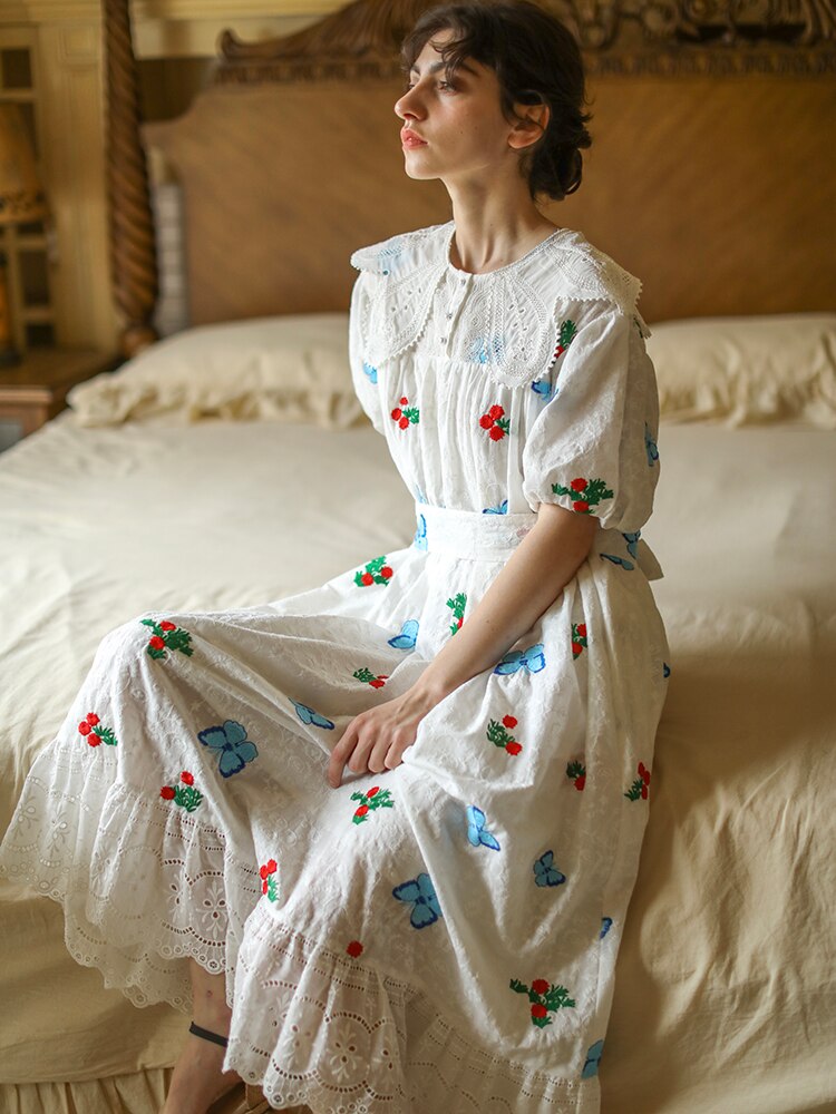 Clacive  Women Summer100%Cotton Dress Vintage Elegant Embroidery Butterfly Floral A-Line Midi Dress Moir Girls Puff Sleeve Dress