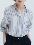 Fall outfits Pocket Striped Blouse Spring Women Turn Down Collar Long Sleeve Loose Fashion Shirt Tops Femme Vintage Casual Blouses 2023