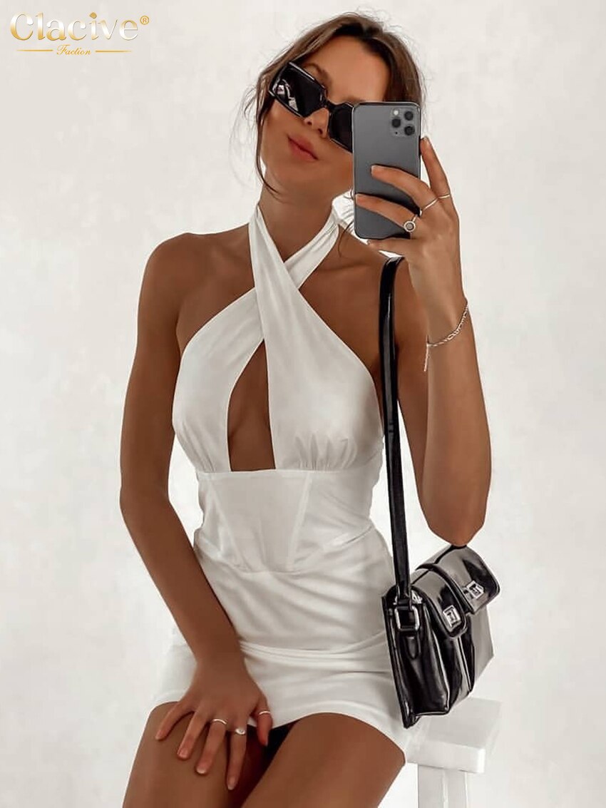 Clacive Sexy Halter White Dress Woman Summer Bodycon Sleeveless Hollow Out Mini Dress Ladies Elegant Slim Backless Party Dresses