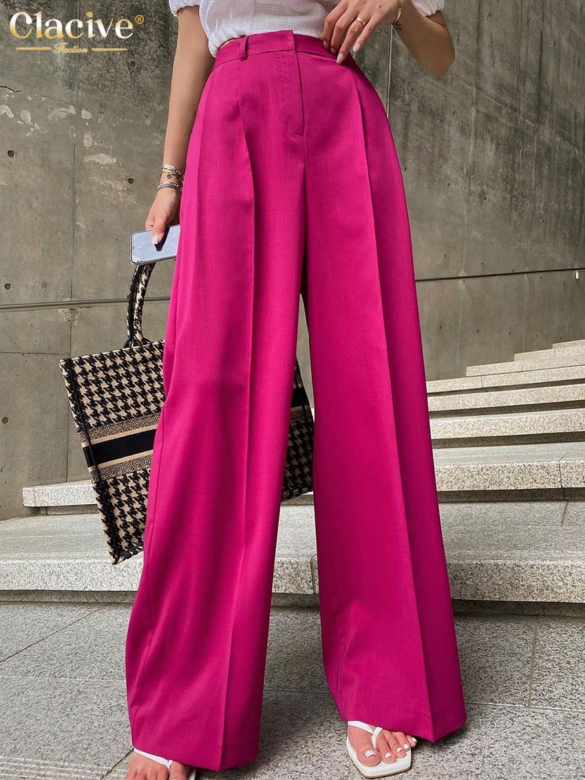 Clacive Pink Office Women's Pants Summer Fashion Full Length Pants Ladies Elegant Loose High Waist Wide Trousers Female Clothing