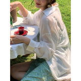 Clacive White Sunscreen Shirt Women Sexy Backless Chiffon Sun Protection Cardigan Tops Summer Elegant Solid Loose Casual Blouse