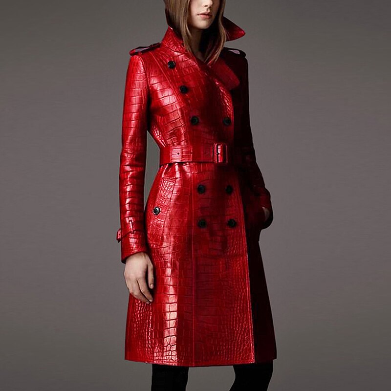 Clacive  Autumn Long Red Crocodile Print Leather Trench Coat For Women Belt Double Breasted Elegant British Style Fashion