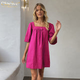 Clacive Casual Loose Pink Women'S Dress  Summer Square Collar Half Sleeve Office Mini Dresses Elegant Ruched Female Dress