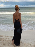 Clacive Summer Strap Sleeveless Black Dress Ladies Sexy Lace Patchwork Midi Dress Elegant Backless Satin Dresses For Women