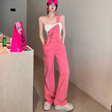 Clacive  Pink Denim Jumpsuit Women Summer Autumn High Waist Pockets Jumpsuits Combinaison Femme Elegant Overalls Romper