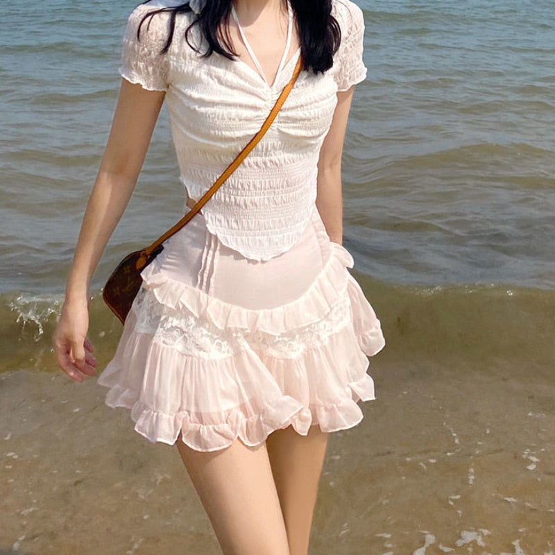 Fall outfits Kawaii Cute Ruffle Skirt Women Pink Lolita High Waist Lace Patchwork Fairycore Mesh A-line Mini Skirt Summer Mori Girl