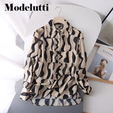 Clacive   New Spring Summer Fashion Long Sleeve Geometric Printed Lapel Shirt Women Simple Blouses Casual Tops Female