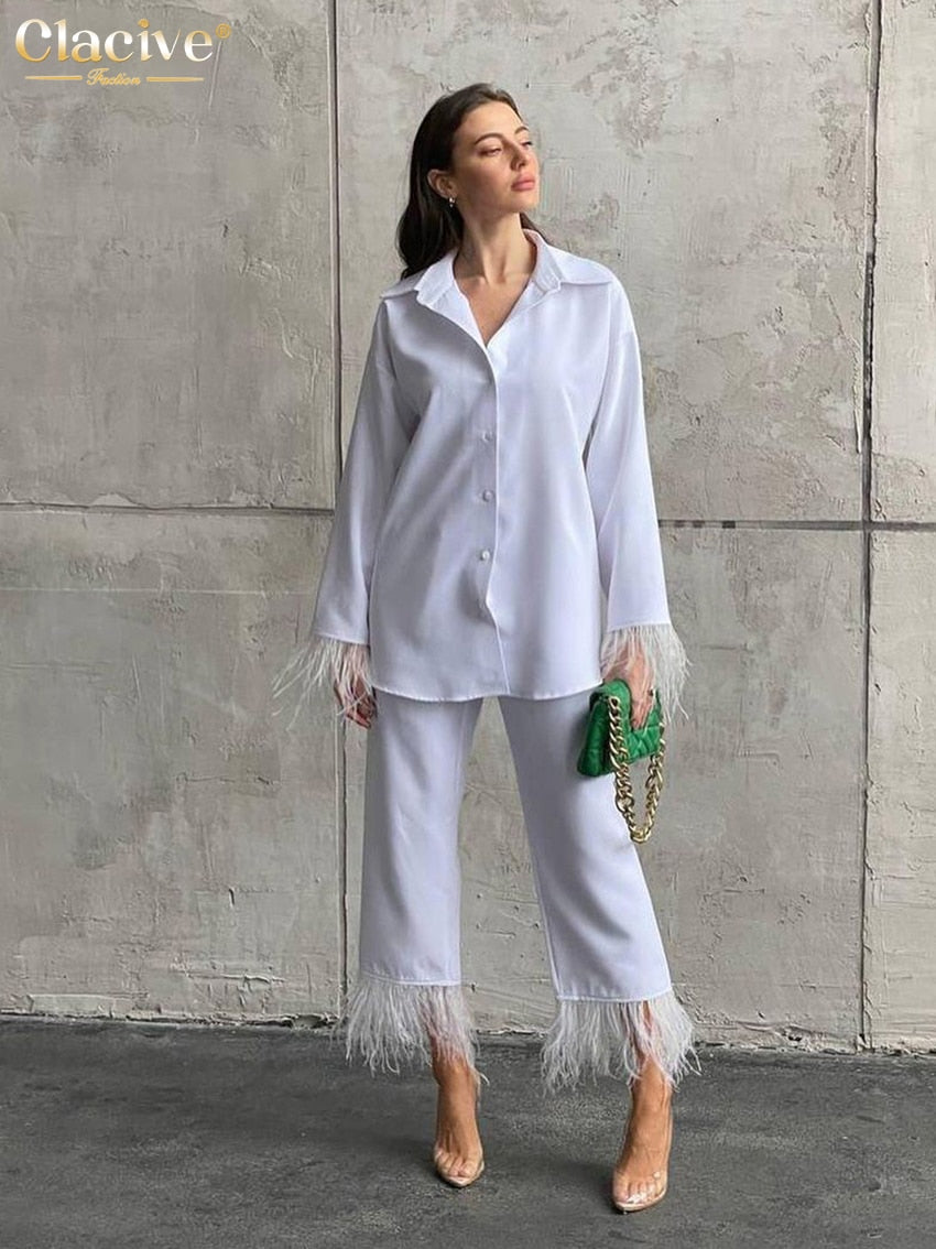 Clacive Causal White Home Suit Women Spring Elegant Loose Shirt Two Piece Pants Set Female Fashion Feather Spliced Trouser Suits