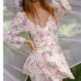 Clacive  Summer Long Sleeve V-Neck Women Print Vocation Holiday Mini Dress
