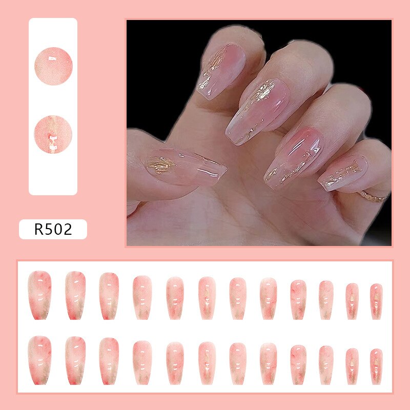 Fall nails Christmas nails Pink Simple Gradient Detachable Coffin False Nails Wearable Gold Foil Sequins Fake Nails Full Cover Nail Tips Press On Nails