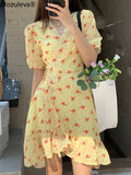 Clacive  Elegant V-Neck Floral Ladies Mini Dress  Summer Short Sleeve Slim Waist Lace-Up Women A-Line Dresses Vestidos