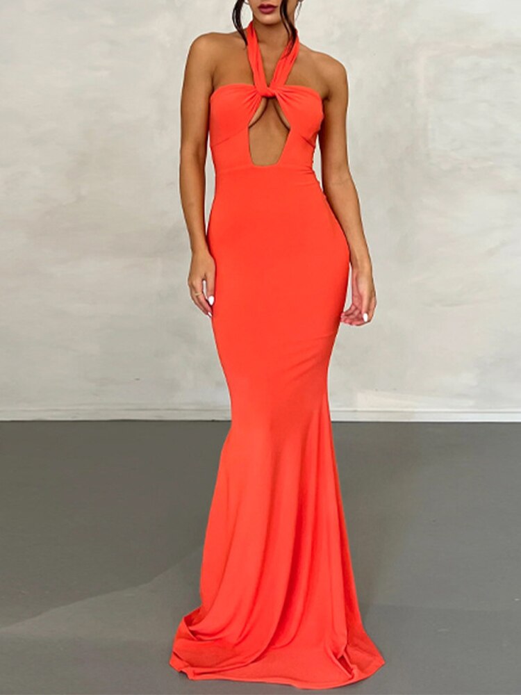 Clacive Elegant Cross Halter Neck Hollow Out Female  Bodycon High-waist Backless Sleeveless Lace-up Fashion Solid Evening Long Dress