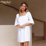 Clacive Casual Loose Pink Women'S Dress  Summer Square Collar Half Sleeve Office Mini Dresses Elegant Ruched Female Dress