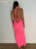 Clacive Swing Collar Backless Sleeveless Drawstrings Hollow Out Slit Sexy Maxi Prom Dress  Summer Women Party Y2K Robe