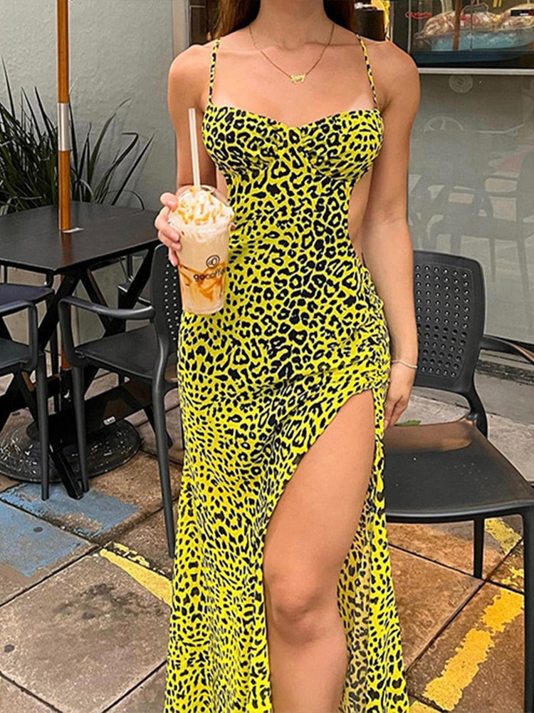 Clacive 2023 Y2k Leopard Sundress For Women Spaghetti Straps Back Cross Summer Sexy Fashion Leisure Holiday Prty Split Long Dresses