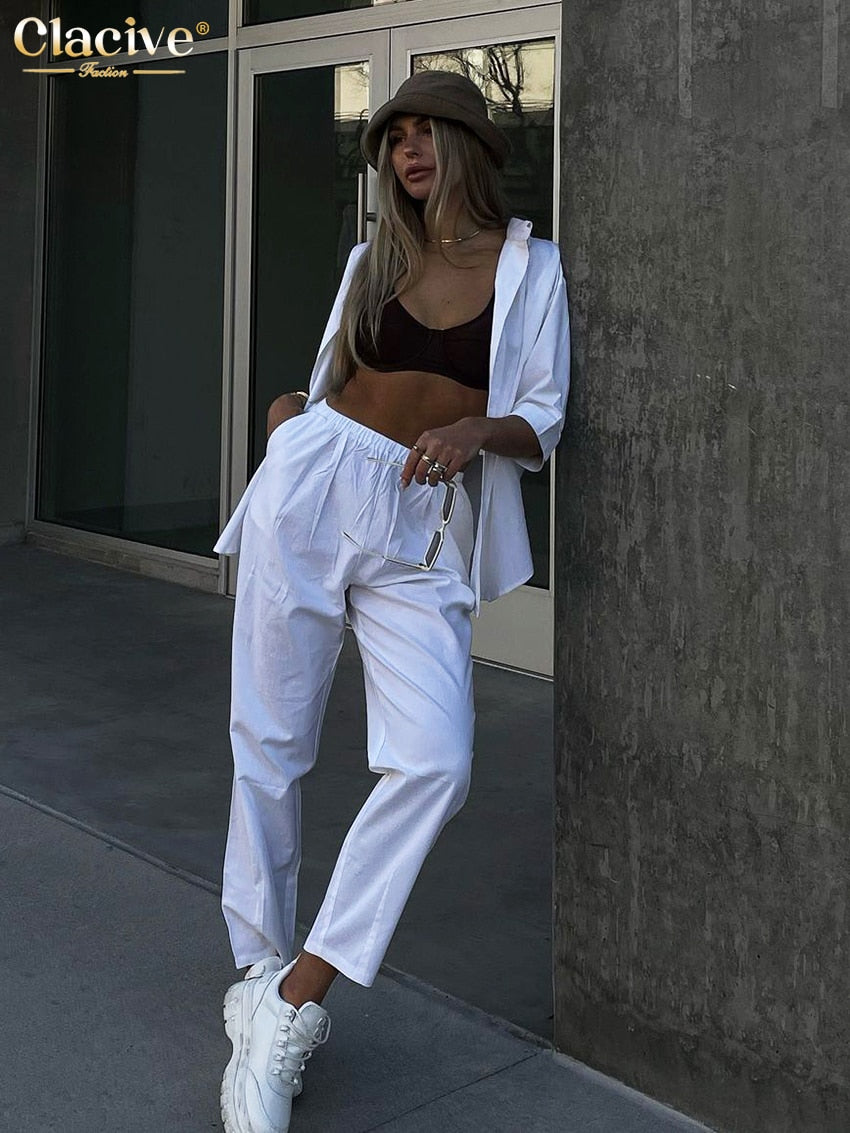Clacive Fashion Short Sleeve Blouse Set Woman 2 Pieces Summer White Trouser Suits Lady Elegant Loose High Waist Pencil Pants Set