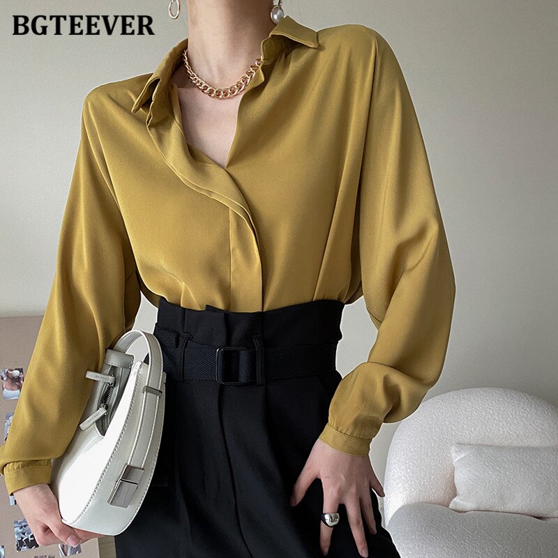 Elegant Turn-Down Collar Women Satin Blouses Tops Long Sleeve Loose Female Solid Shirts  Spring Ladies Blusas
