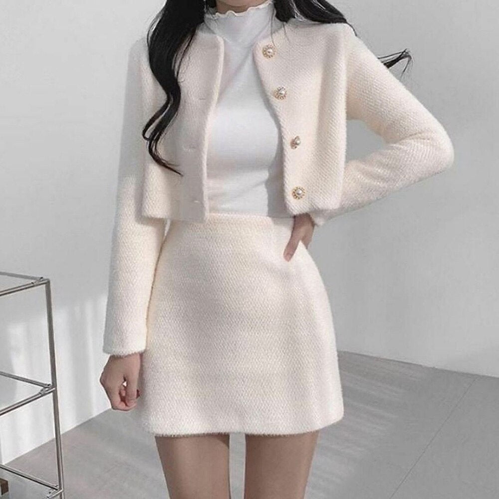 Clacive  Spring Summer Korean Fashion Sweet Women's Suits With Mini Skirt Two-Pieces Set Woman Dress Sets Casual Elegant Tweed Suits