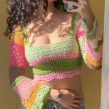 Clacive Contrast Color Long Sleeve Stripe Knitted Cropped Top Women Square Collar Backless Drawstring Sexy Crochet Tops  Y2k