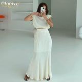 Clacive Summer O-Neck Crop Top Set Woman 2 Pieces Elegant Loose High Waist Skirt Set Female Casual Pleated Pink Suits With Skirt