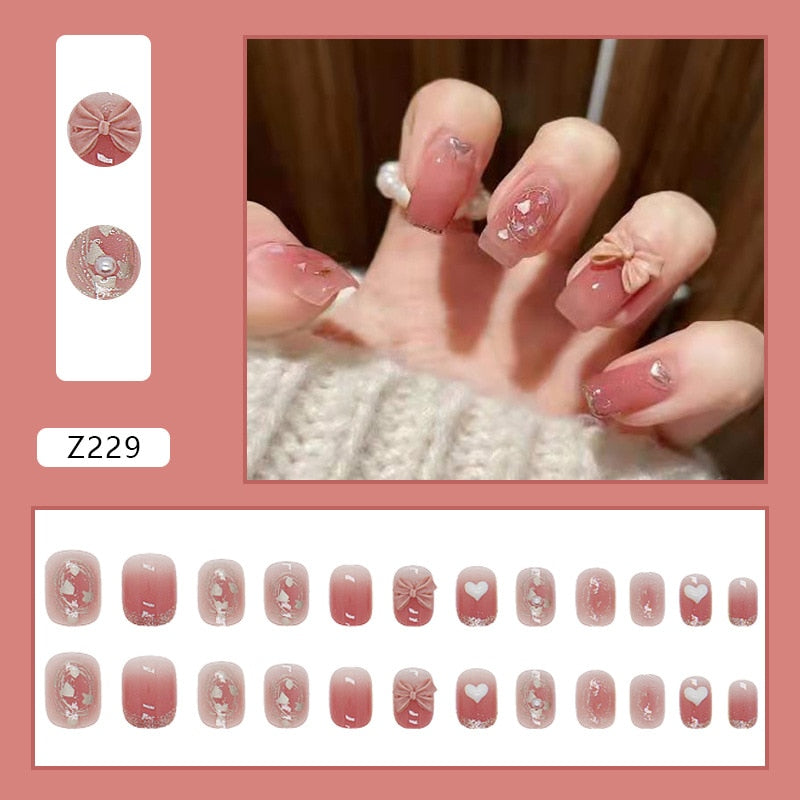 Fall nails Christmas nails 24Pcs/Set Short Square Fake Nails Butterfly Heart French Contracted Artistic Nail Arts Manicure False Nails With Design
