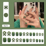 Fall nails Christmas nails 24pcs Detachable False Nails Green Lattice Short Fake Nails With Designs Bow Flower Decal Square Level Nail Tips
