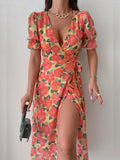 Clacive  Elegant Puff Sleeve Women Beach Dresses  Summer Vintage Floral Printed V-Neck Sexy Dress Femme Fashion Chic Midi Split Dress