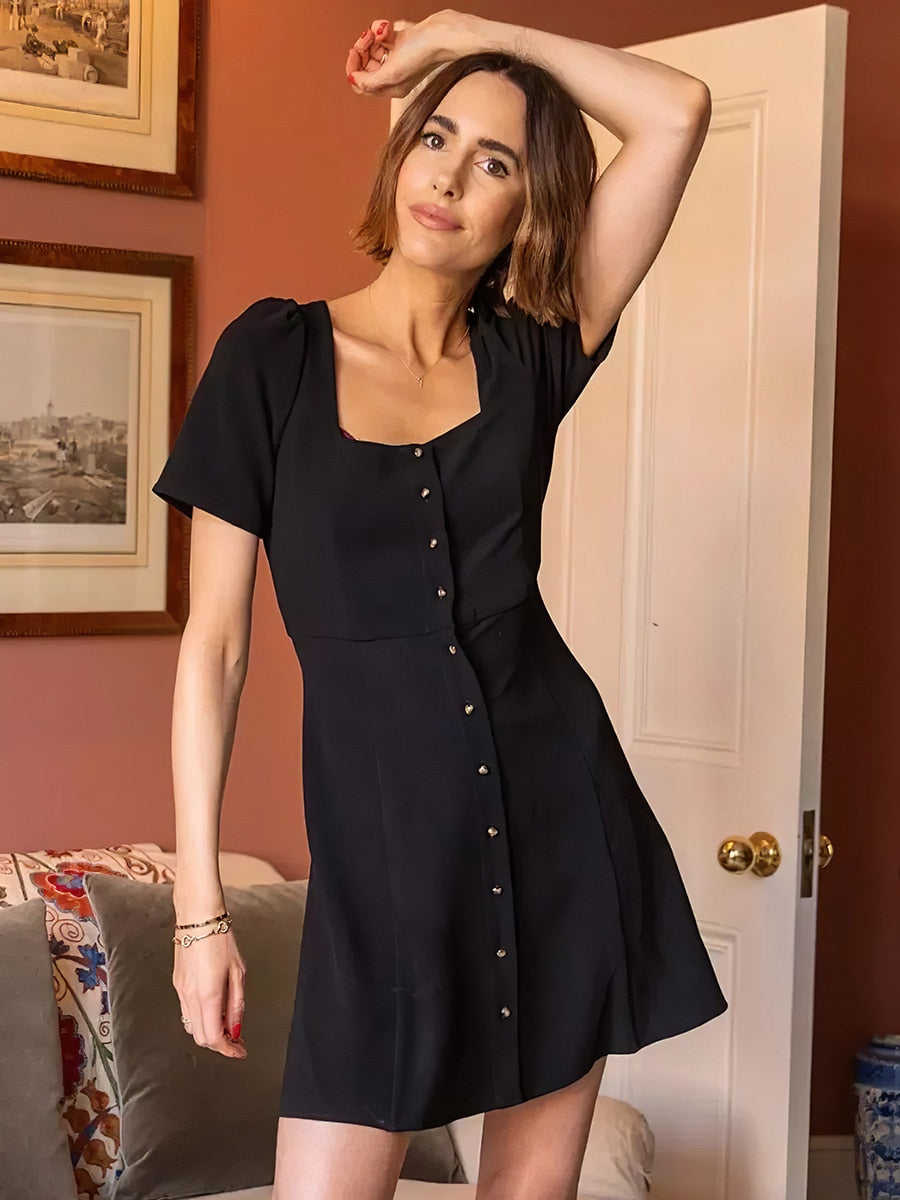 Clacive Black Basic Mini Dress Women  Short Sleeve Square Collar Buttons Up Dresses Summer Simple Female Vintage Retro Vestidos