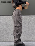 Clacive Grey Cargo Pants Women High Waist Summer 90S Fashion Streetwear Big Pockets Y2k Vintage Baggy  Wide Leg Trousers Overalls
