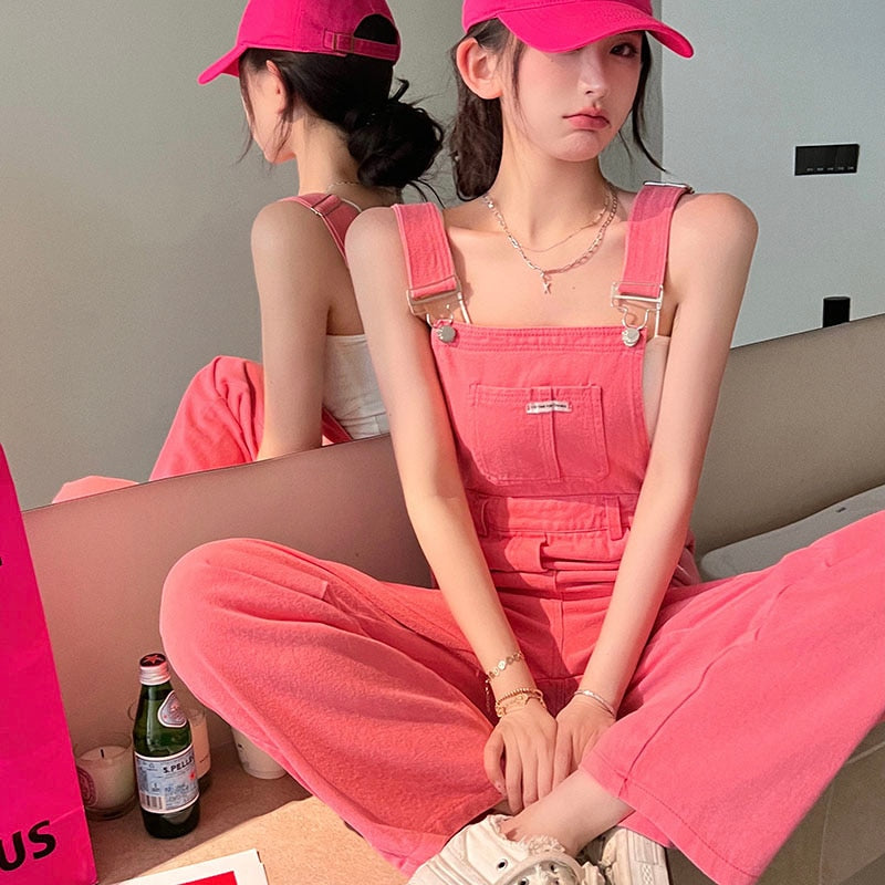 Clacive  Pink Denim Jumpsuit Women Summer Autumn High Waist Pockets Jumpsuits Combinaison Femme Elegant Overalls Romper