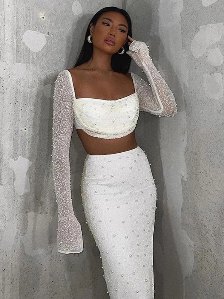 Clacive barbie outfites elegant Elegant Pearl Skirts Two Piece Sets Evening Party Dress Sets Fashion Square Collar Tops and Skinny Midi Skirts Suits