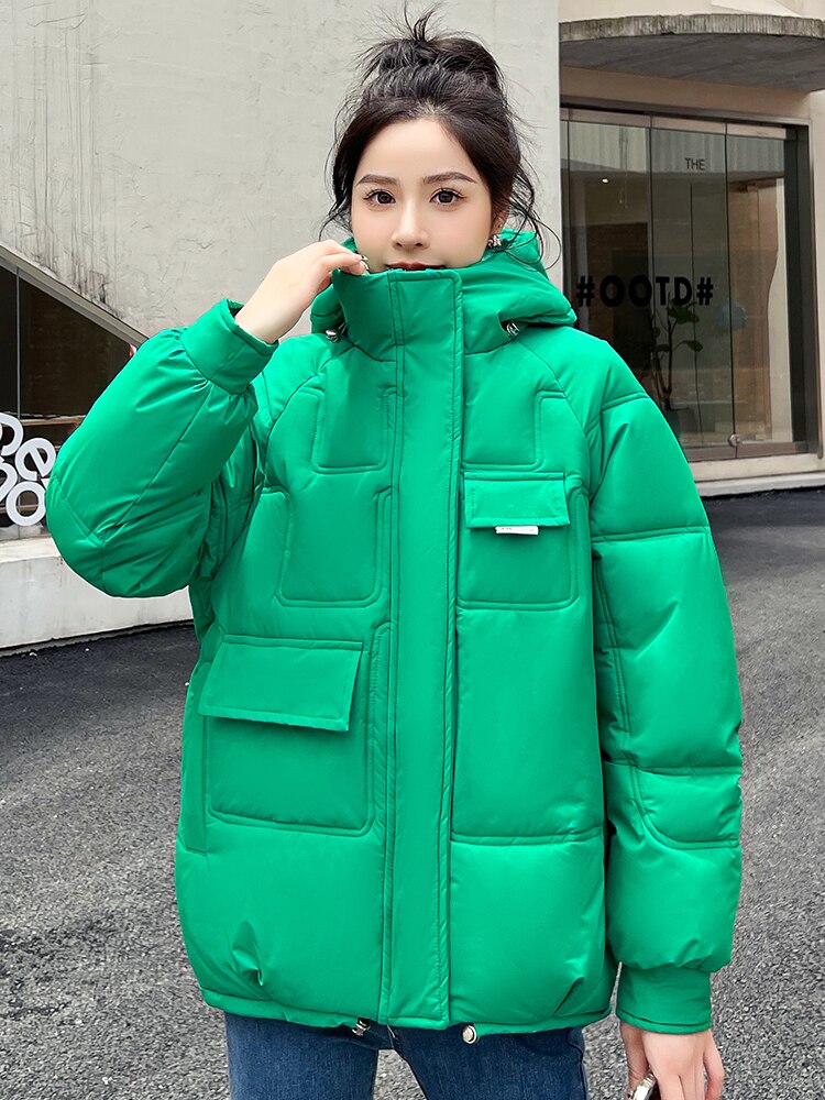 Clacive New Winter Puffer Jacket Women Fashion Loose Multiple Pockets Thick Woman Parkas Hooded Bubble Coats