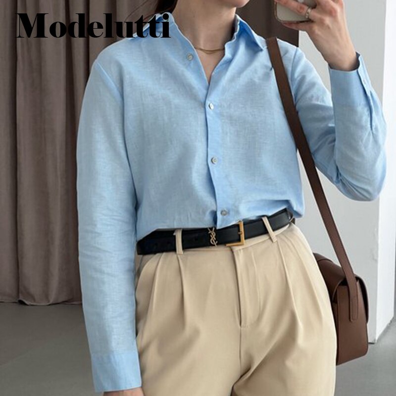 Clacive   New Spring Autumn Women Fashion Long Sleeves Casual Linen Shirt Ladies Blouses Solid Color Simple Tops Female