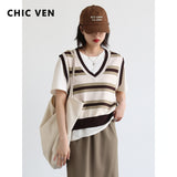Clacive  Women's Sweater Vest Sleeveless Thin Loose Striped V-Neck Knitted T Shirt Female Top Ladies Clothing Summer