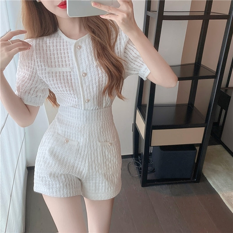 Clacive  Summer Women's Shorts Suit Casual Fashion Ladies Wind Short Puff Sleeve Top And High Waist Slim Wide Leg Shorts 2 Piece Set