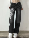 Clacive Harajuku Printed Cargo Jeans Y2K Dark Blue Brown High Waist Streetwear 90S Baggy Trousers Women Pants Straight Wide Leg Pants