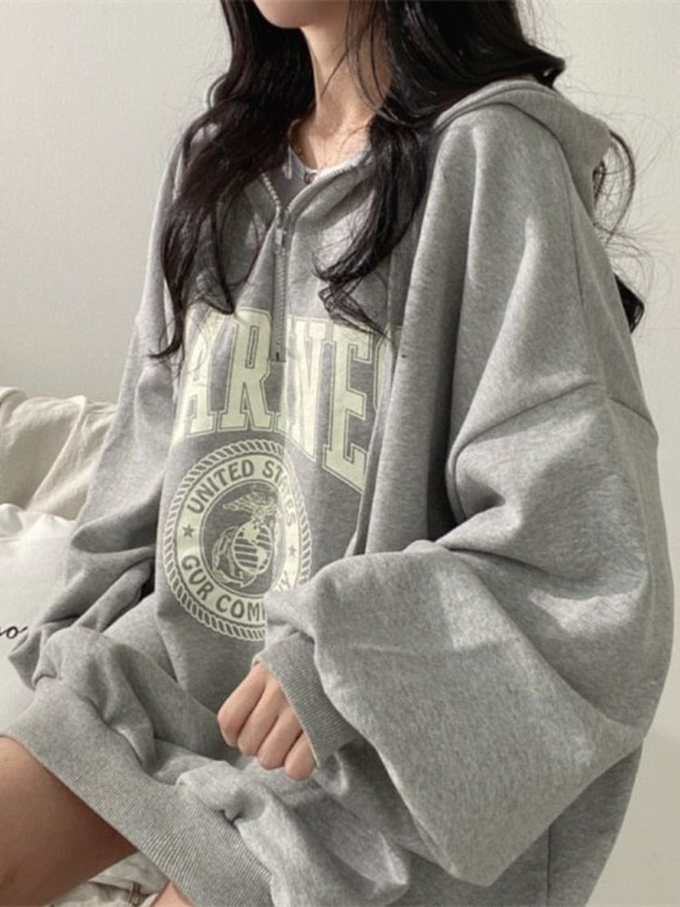 Back to school  Hip Hop Zip Up Oversized Hoodies Women Harajuku Letter Print Sweatshirts Gray Vintage Loose Fleece Winter Tops Grunge