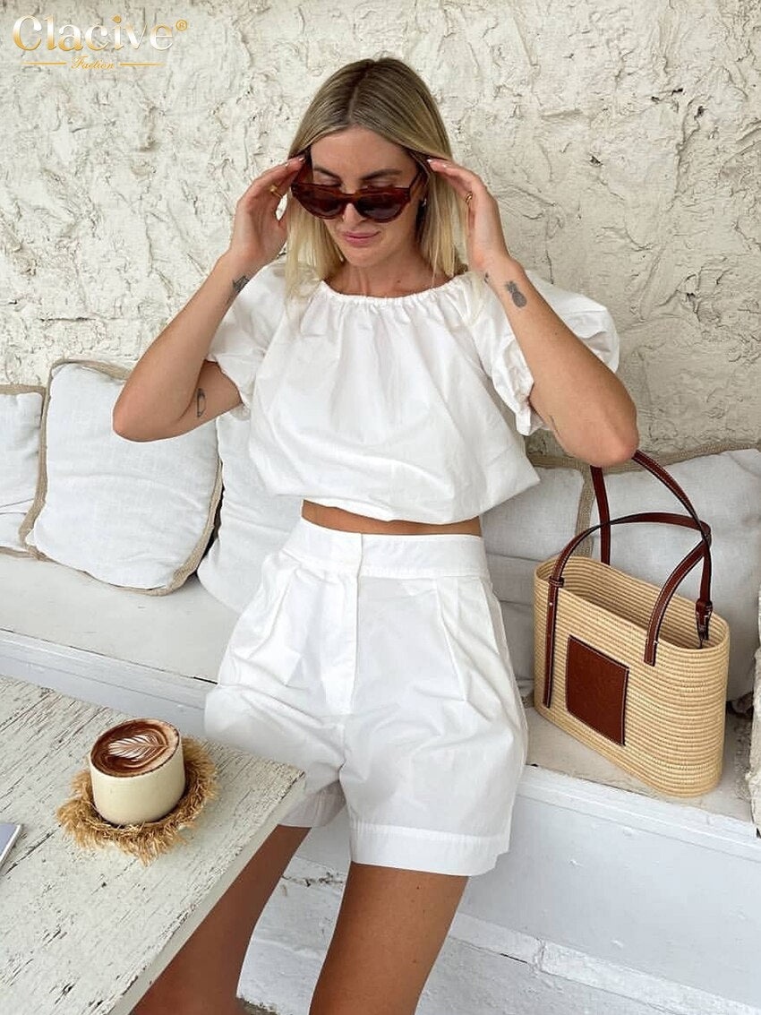 Clacive Casual Puff Sleeve Shirts Set Woman 2 Pieces Summer Fashion High Waist Shorts Set Elegnat Slim White Suit With Shorts
