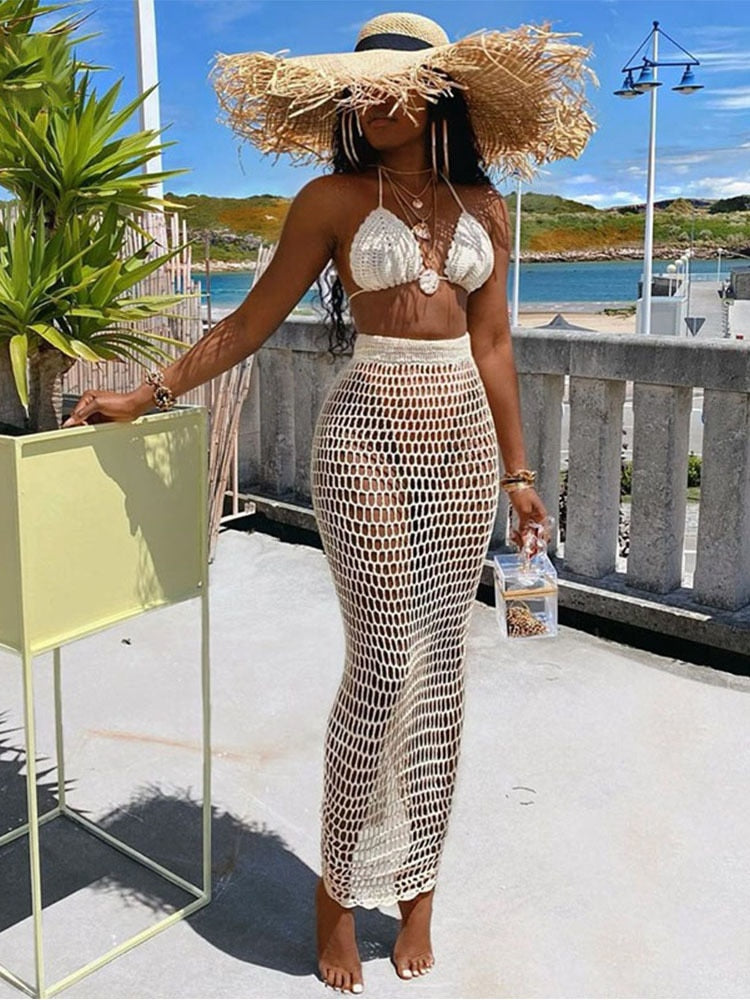 Clacive Hollow Out Bandage Sexy Two Piece Set Spaghetti Strap Top And Long Skirt 2023 Beach Summer 2 Piece Set Women Outfits