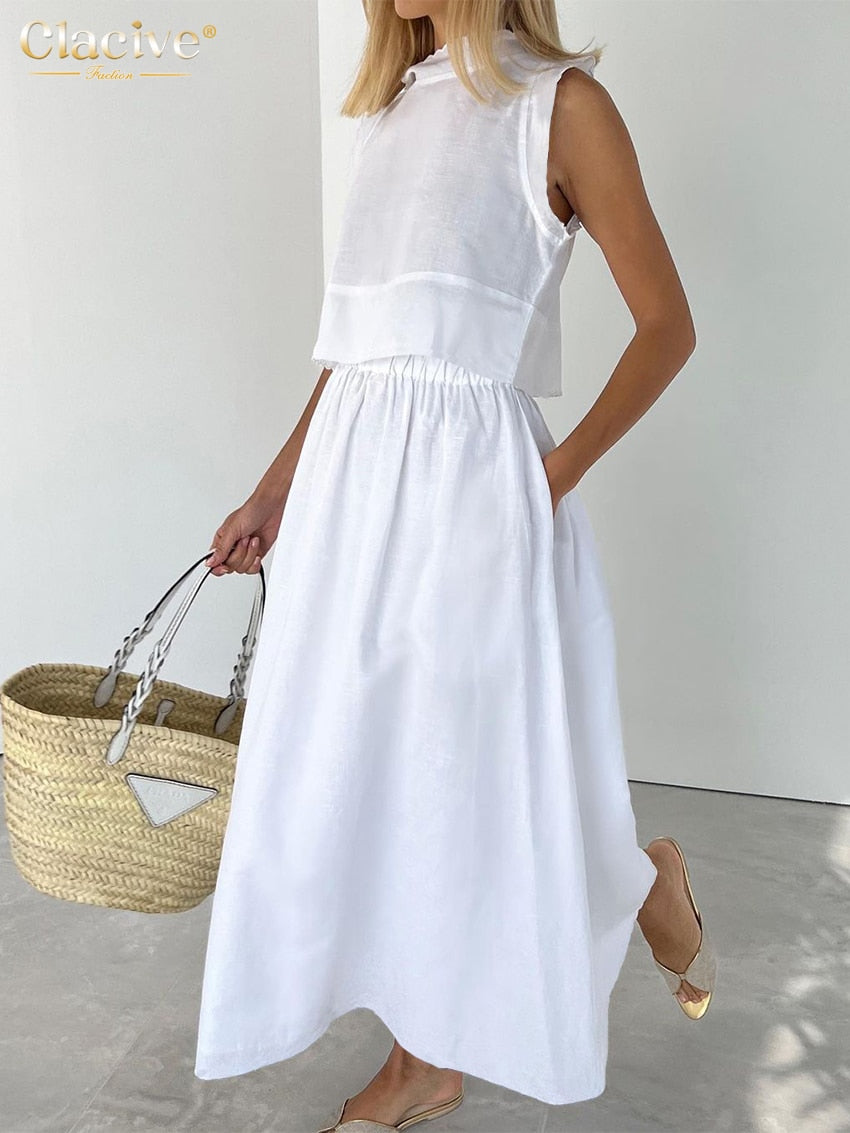 Clacive Summer Stand Collar Shirts Women Two Piece Set Casual Loose High Waist Midi Skirts Set Elegant White Suits With Skirt