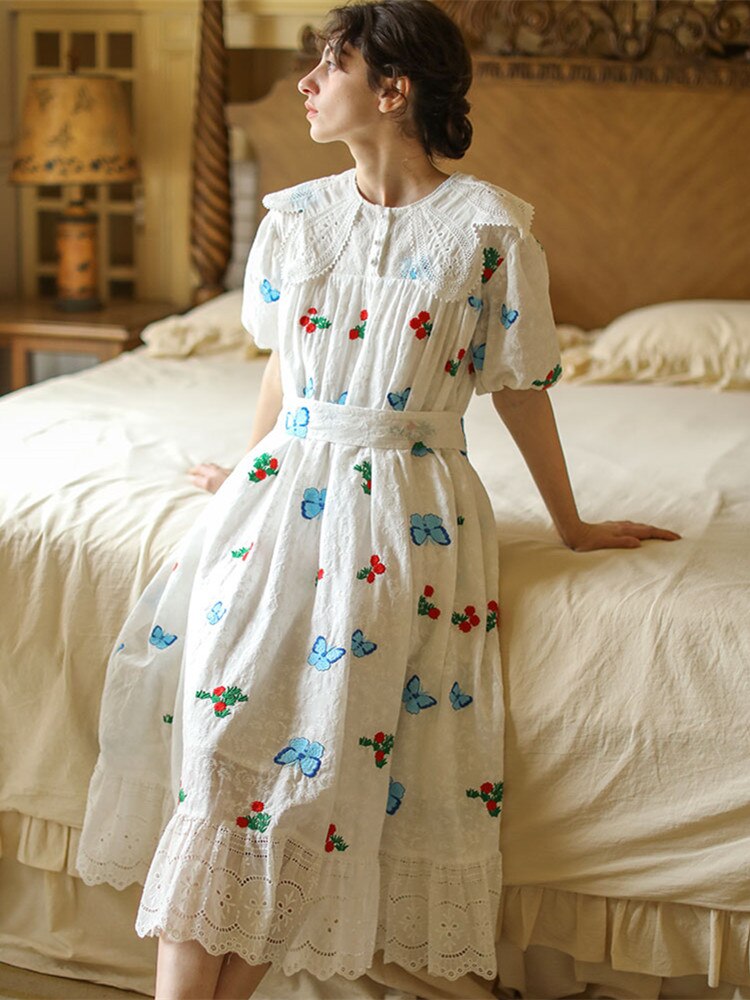 Clacive  Women Summer100%Cotton Dress Vintage Elegant Embroidery Butterfly Floral A-Line Midi Dress Moir Girls Puff Sleeve Dress