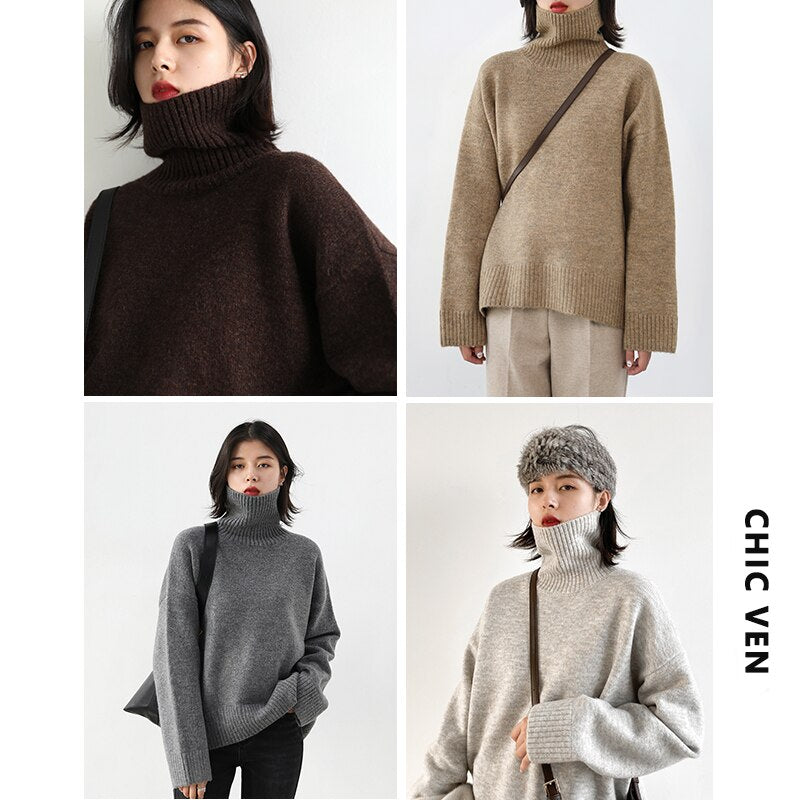Clacive  Korean Women's Sweater Loose Turtleneck Sweaters Warm Solid Pullover Knitwear Basic Female Tops Autumn Winter