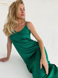 Clacive Sexy Spaghetti Strap Backless Summer Dress Women Casual Green Satin Long Dress Ladiesc