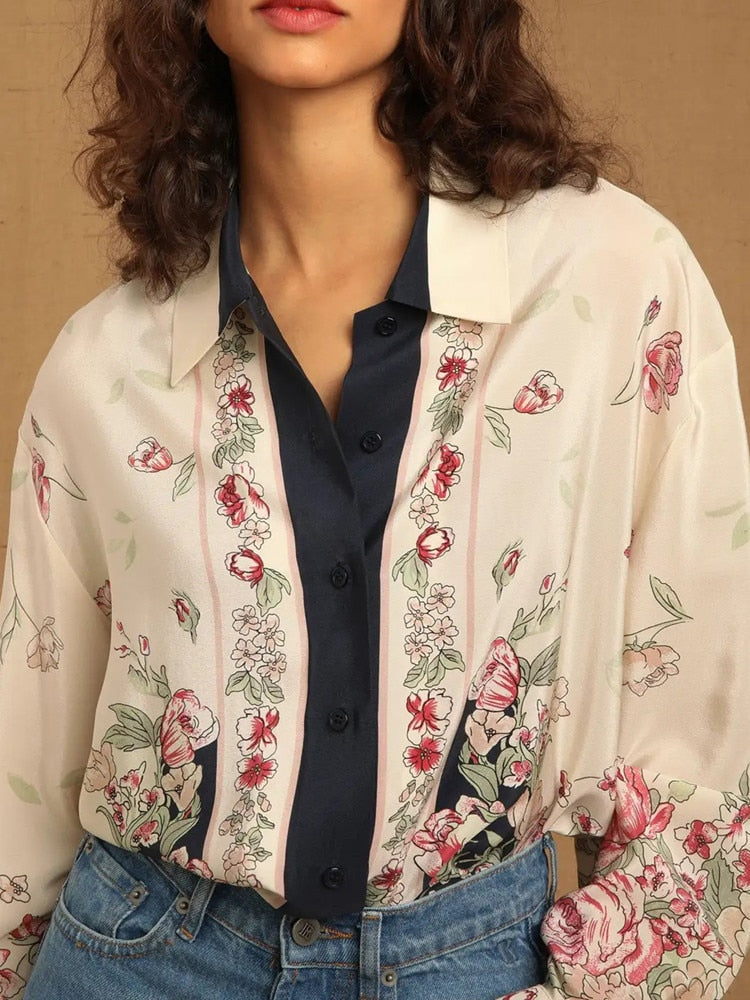 Clacive French Floral Print Long Sleeve Blouse For Women Turn-Down Collar Contrast Collor Single-Breasted Loose Shirt And Tops  New