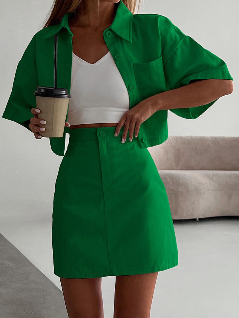 Fall outfits 2023 Spring Summer Women Office Mini Skirt Set Outfits Crop Tops Solid Green 2 Two Piece Matching Set Women