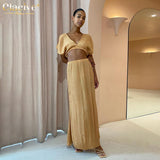 Clacive Sexy V-Neck Crop Top Two Piece Sets Womens Outifits Summer High Waist Maxi Skirts Sets Bodycon Yellow Suits With Skirt