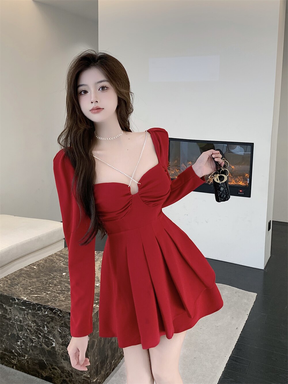 Clacive Women Long Sleeve Square Collar Chains Dress High Waist Pleated Short Dresses Female Sexy But Cute Cute Out Dresses Female